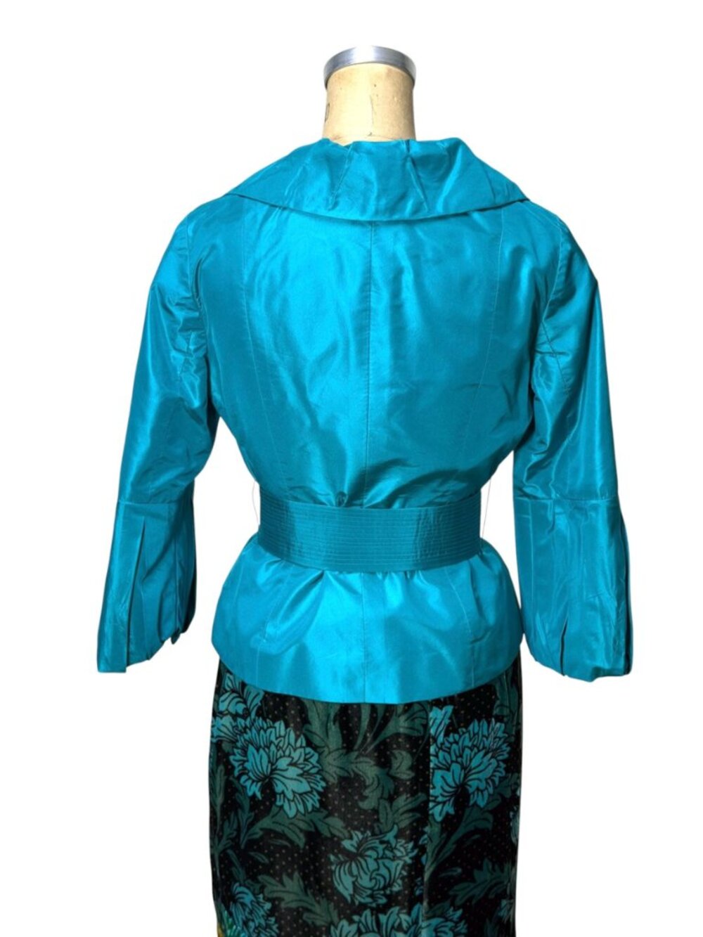 Vintage CARLISLE Teal Silk Dupioni Wrap Jacket /Evening Blouse w/ Ruched Collar - Picture 3 of 11